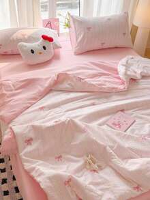 Comfortable Bedding Set, Butterfly Print Quilt, Lightweight Thin Quilt, Rainbow Line Pattern, Quilted Craftsmanship, 3 PiecesSummer Quilt Set, Including 1*Quilt + 2*Pillowcases, 100% Polyester, Pillowcases Without Fillers - Pink - View 7