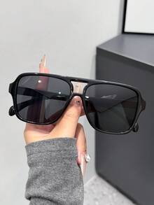 1pc Retro Luxury Double-Bridge Fashion Glasses, Personalized High-End Decorative Glasses, Classic Double-Bridge Aviator Style + Glossy Black Design, Lightweight & Comfortable, Durable, Unisex For Daily Wear, Driving, Commuting, Beach Vacation, Photography - Black - View 2