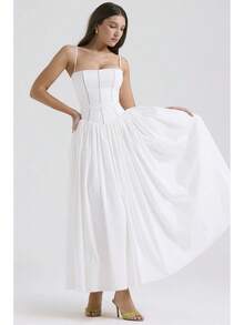 Elegant European Style White Corset Maxi Dress Women's Spaghetti Strap Pleated A-Line Formal Evening Dress - 粉色 - 查看 7