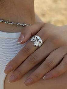 1pc Stainless Steel Women's Ring, Personalized Wide Hollow Design With Starfish & Palm Tree Elements, Adjustable Open Style, Gold Color, Suitable For Commuting, Daily Wear, Gift, Beach Vacation, Versatile Jewelry - Ring - View 2