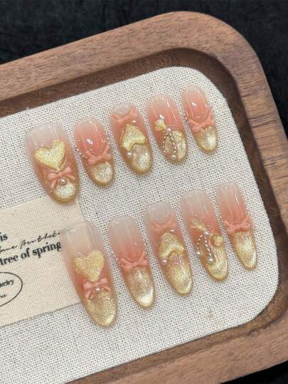 10pcs Kawaii Heart Bow Press On Nails, Peach Gold Glitter Gradient French Tip Nails 3D Bow & Pearl Fake Nails, Medium/Long Oval Nails For Sweet, Date Night Wear, Gift, Bridal, With Jelly Glue And Nail File, DIY Nail Art Supplies
