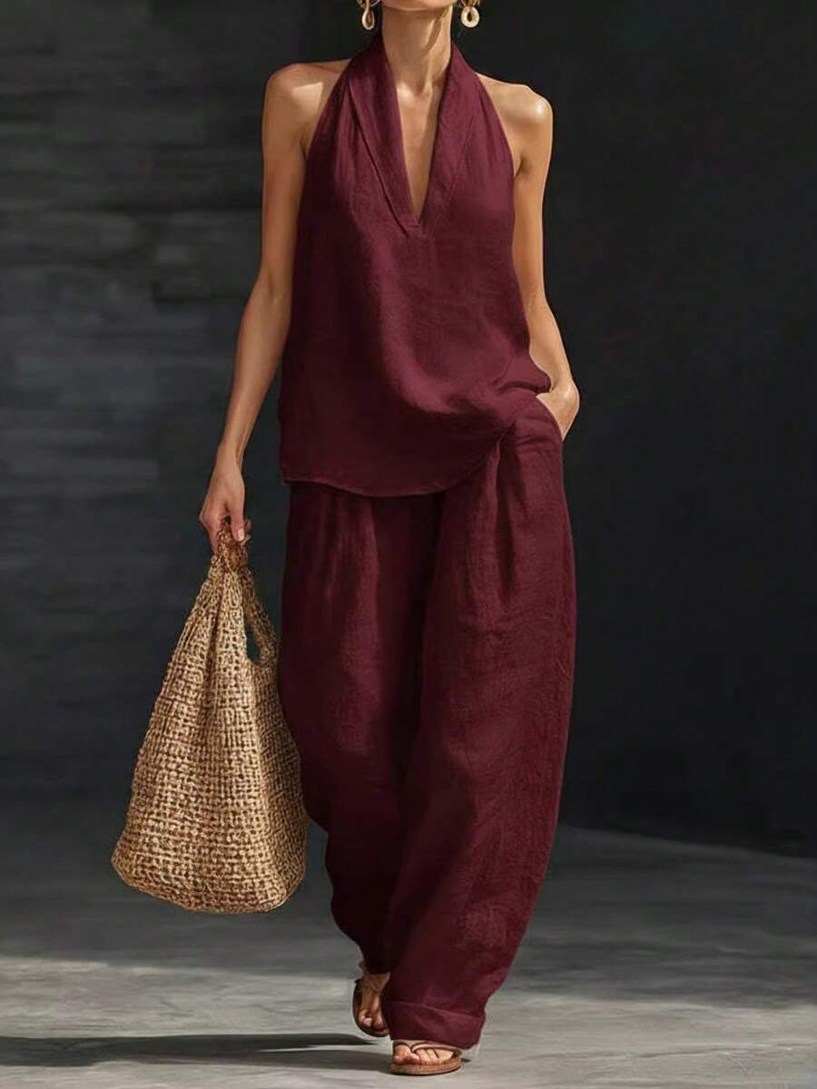 2026 Spring/Summer New Women's Halter Neck V-Neck Sleeveless Casual Two-Piece Set Suitable For Daily Casual Wear, Beach Vacations, And Dates - 酒紅色 - 查看 1