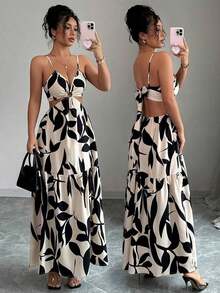 Women's Summer New Arrivals Spaghetti Strap Cinched Waist Floral Print Dress (Random Floral Print Cut) - Apricot - View 1
