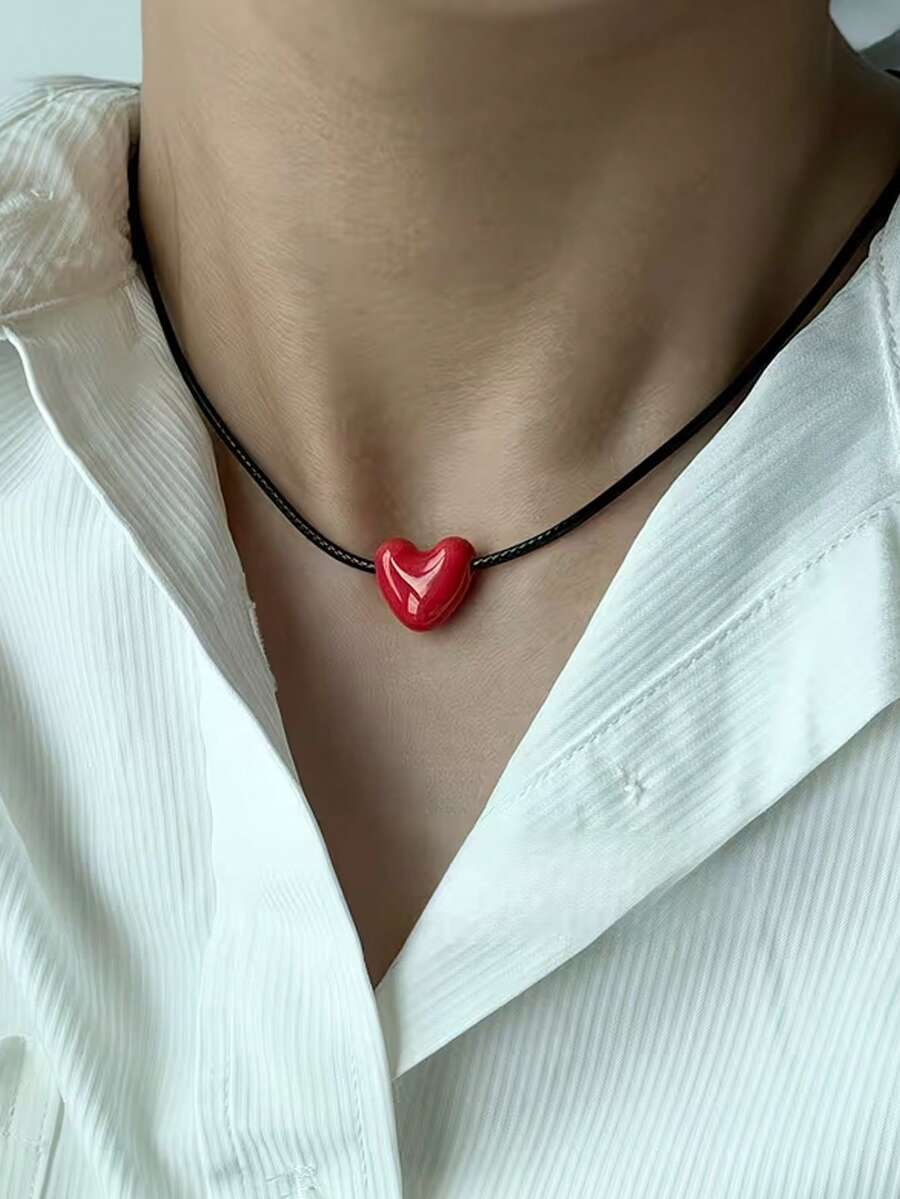 Mặt dây chuyền hình trái tim màu đỏ tối giản cổ điển, phù hợp cho cả nam và nữ, thích hợp đeo hàng ngày, quà tặng cho Ngày Valentine, Ngày của Mẹ, sinh nhật. - Đỏ - Xem 1