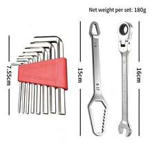 10件套重型棘轮扳手工具组 - 多功能汽车维修工具包。包含1个棘轮扳手、1个多用途扳手和8个六角扳手 - 是汽车维修和DIY项目的理想之选；专业级兼容性。 - A - 查看 15