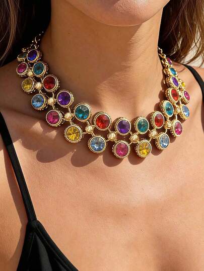 1 chiếc vòng cổ choker phong cách Bohemian cổ điển, mạ vàng, đính đá nhiều màu sắc, kiểu dáng phóng khoáng, phụ kiện thu hút sự chú ý dành cho nữ dự tiệc tối, lễ hội âm nhạc.