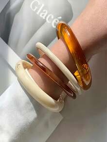 Set de 4 piezas de pulseras de resina elegantes y retro, diseño minimalista, adecuadas para uso casual, joyería de moda para mujer, sin incrustaciones, apropiadas para ocasiones diarias y de fiesta durante todo el año (El material es plástico de resina, confirme el material que le gusta antes de comprar) (El producto con el atributo talla grande alto) - Multicolor - Ver 3
