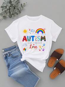 A  And Cute T-Shirt To Promote Acceptance And Understanding Of Autism. This Women's T-Shirt Features A Cartoon Print, A Loose Fit, Short Sleeves, A Round Neck, And A Stylish, Unisex Design. It's Perfect For Going Out And Has A Vintage-Style Print. The Round Neck And Short Sleeves Make It Machine Washable. Ideal For Easter And Mother's Day. - 白色 - 查看 2