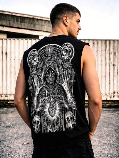 Men's Wide Shoulder Dark Sleeveless Tank Top, Round Neck Polyester Knit Fabric, Suitable For Summer Sports Training Basketball Jersey