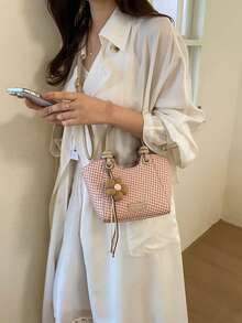 Vintage Houndstooth Mini Tote Bag With Flower Charm, Casual Handbag For Women - Pink - View 8