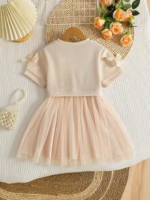 Young Girl' Waffle Texture Crop Top With 3D Bow, Mesh Splicing Short Sleeve, Separate Skirt Outfit - Apricot - View 2