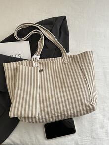 Bolso de Hombro Clásico de Lona, Bolso Portátil para Estudiantes, Escuela y Compras - Caqui 3 - Ver 7
