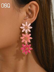 OOQ 1 Pair Handmade Woven Raffia Flower Earrings, Bohemian Summer Style, Minimalist Elegant Floral Tassel Earrings, Suitable For Women's Daily, Vacation, Party Wear - Hot Pink - View 4