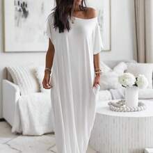 Women Casual Solid Color Short Sleeve Long Dress Summer Fashion Loose Maxi Dress - trắng - Xem 1