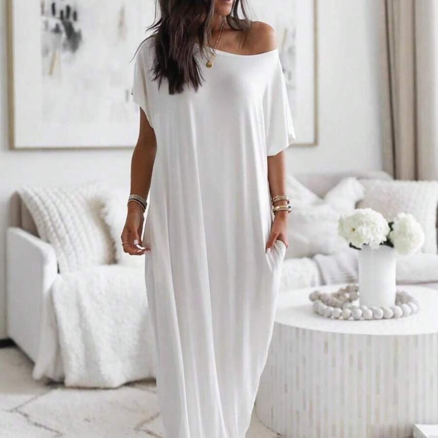 Women Casual Solid Color Short Sleeve Long Dress Summer Fashion Loose Maxi Dress - trắng - Xem 1