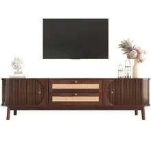 TV Stand - Natural Wood TV Stand With Doors And Drawers. TV Stand With Rattan Sides. Natural Rustic Style Storage Solution. - Brown - View 8