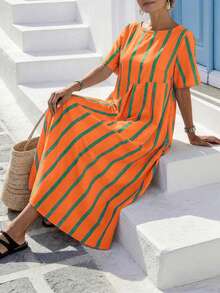Plus Size Casual Loose Vacation Elegant Women's Long Dress With Dual Pockets And Colorblock Striped A-Line Design, Suitable For Daily And Holiday Wear, Spring/Summer - Orange - View 4