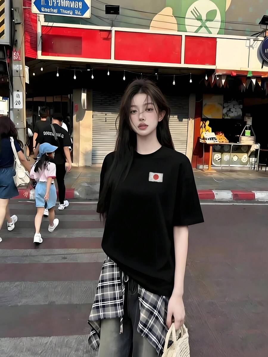 Women's Summer Fashion Short-Sleeved T-Shirt, Versatile Loose-Fitting Round Neck Top - Black - View 1