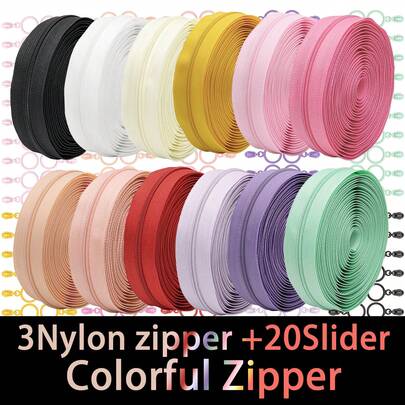 3# Multicolor Nylon Zipper 4.5m, 20pcs Round Zipper Pulls Suitable For Bags, Cosmetic Bags, Pencil Cases And Other DIY Sewing Replacement Zippers