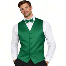 Sizes XS To 6XL Men's 3-Piece Tuxedo Vest Set – Satin Waistcoat With Bow Tie And Pocket Square For Wedding, Prom, Formal Events - Green - View 1