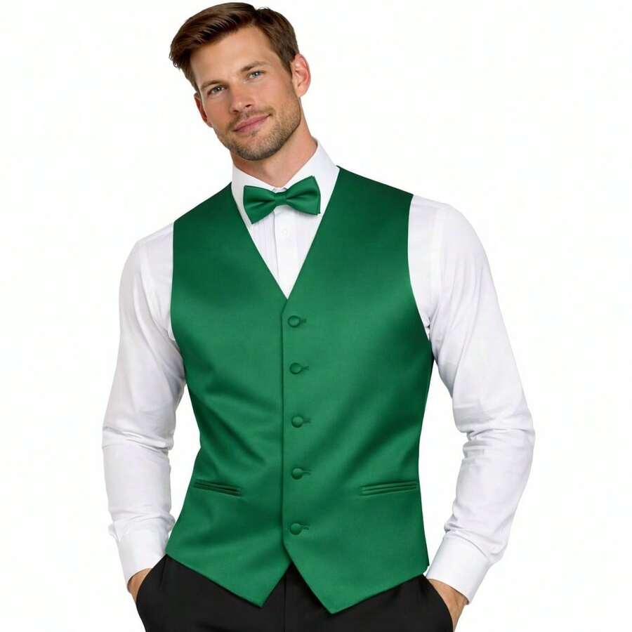 Sizes XS To 6XL Men's 3-Piece Tuxedo Vest Set – Satin Waistcoat With Bow Tie And Pocket Square For Wedding, Prom, Formal Events - Green - View 1