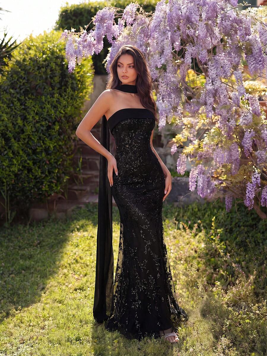 ADYCE Rochie de seară lungă elegantă, fără bretele, cu noduri, brodată în formă de inimă, cu decolteu în formă de inimă, talie înaltă, spate decoltat, potrivită pentru bal, petrecere de ziua de naștere, cină formală, întâlnire, absolvire, invitat la nuntă, sărbătoare în familie, primăvară, negru - Negru - Vizualizare 1