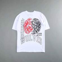 DARCSPORT New Colors Are Back: Wolf Head Print Pure Cotton Short-Sleeve T-Shirt, Loose Fit For Men And Women, Couple's Top TEE - 黑配橙 - 查看 5