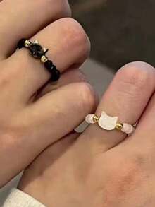 2枚/套 简约黑白猫咪戒指，独特友谊戒指，学生礼物，情侣生日礼物 - 黑與白 - 查看 4