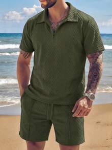 2pcs Men's Military Green Short Sleeve Polo Shirt And Drawstring Waist Shorts Set, Textured Fabric, Breathable And Smooth, Beach Vacation Style, Suitable For Summer - Army Green - View 5