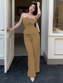 2pcs Women's Khaki Tie-Waist Ruffle Blouse And Wide Leg Pants Set, Fashionable And Elegant For Office, Casual Commute, Old Money Style, Sophisticated Social Influencer Style - Khaki - View 5