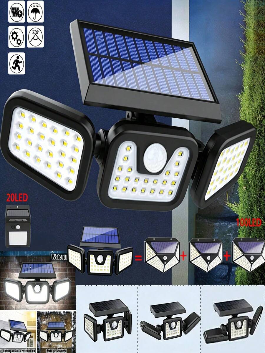 1pc 3-Head Integrated Solar Light, 120° Wide Angle Sensor, Waterproof, Multi-Level Brightness Adjustment. Suitable For Yard, Fence, Garage Entrance, Villa Exterior, Balcony, Patio And Community Walkway Lighting Scenarios. - Three-headed Lamp - View 1
