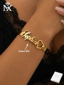 Pulsera personalizada de acero inoxidable 201, etiqueta imprimible con letra personalizada, pulsera con forma de corazón para mujer, regalo para boda/Día de San Valentín - Amarillo Oro - Ver 1