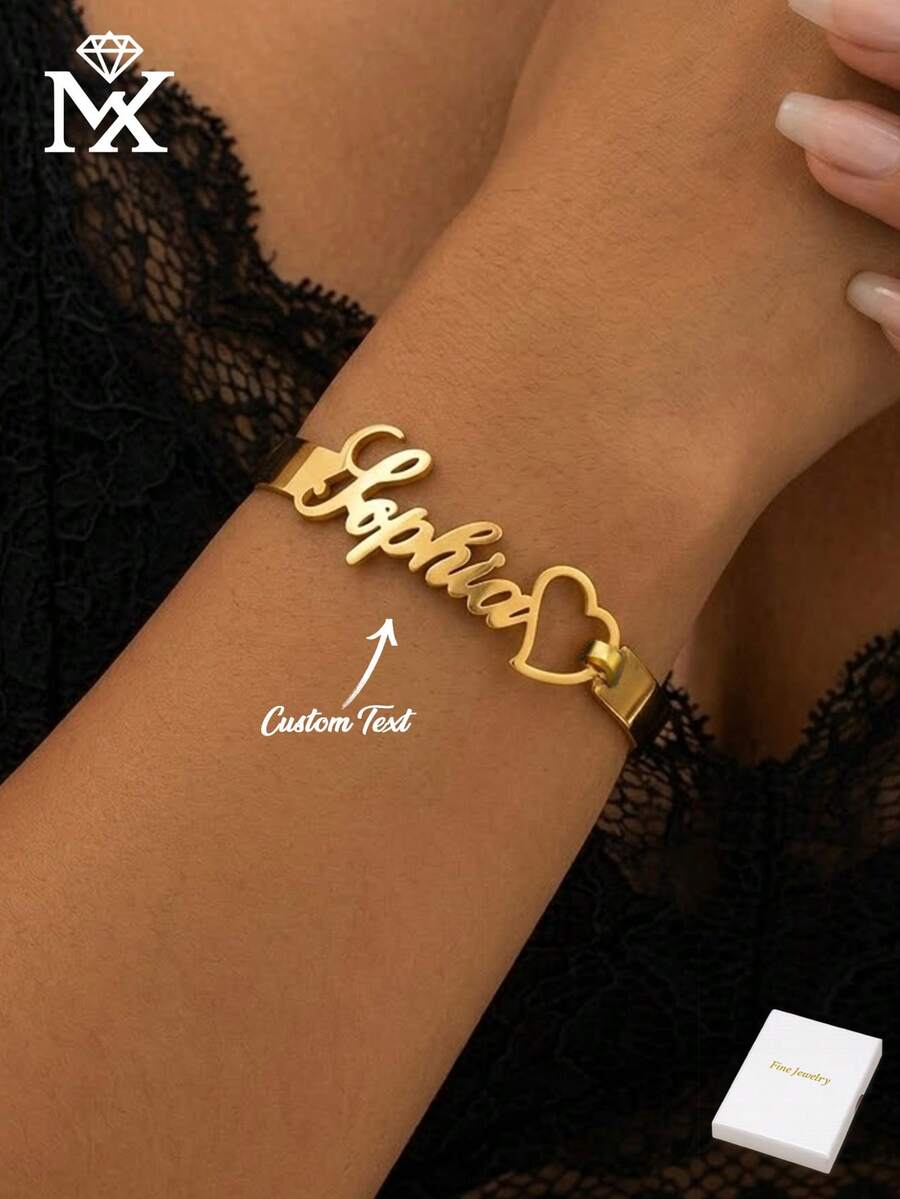 Pulsera personalizada de acero inoxidable 201, etiqueta imprimible con letra personalizada, pulsera con forma de corazón para mujer, regalo para boda/Día de San Valentín - Amarillo Oro - Ver 1