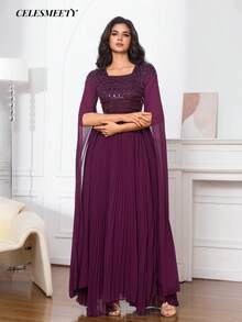 Women's Elegant Purple Long Sleeve Chiffon Pleated Dress, Graceful And Formal For Celebration Events Wedding Party - Purple - View 5