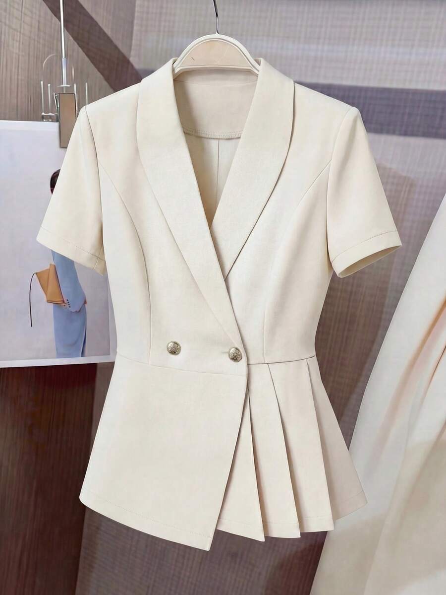 Áo blazer nữ tay ngắn ôm dáng, bộ vest công sở chuyên nghiệp, kiểu dáng cổ điển mùa hè với cổ áo xẻ và thiết kế hai hàng cúc. - Màu be - Xem 1