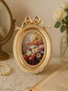 1pc Vintage European Style Golden Lace Oval Photo Frame, Includes Random Inner Lining Paper, European Palace Style Decorative Photo Frame, Home Decor Photo Display - Multicolor - View 1