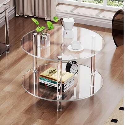 圆形亚克力桌，双层圆形边桌，轻便可拆卸，适用于客厅、办公室接待区、公寓、户外聚会等场所。