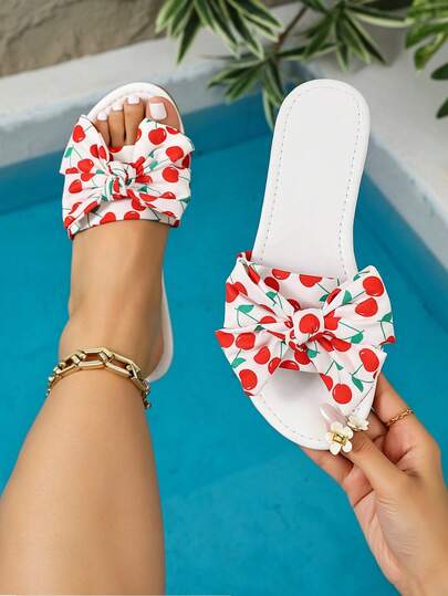 女士樱桃印花蝴蝶结装饰平底凉鞋
