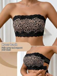 Leopard Print Lace Trim Strapless Breathable Mesh Criss-Cross Back Bandeau Bra - Black - View 4