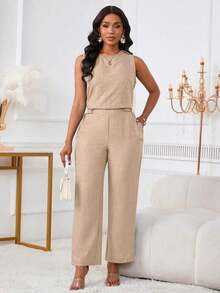 Women Sleeveless Casual Elegant Top And Pants Set With Slant Pockets & Button Details Summer - 卡其色 - 查看 7