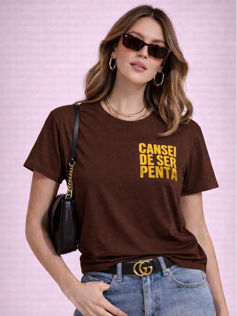 Women's Printed T-Shirt 100% Premium Cotton Brazilian Do It Better Brazilian Culture Brazil Hexa World Cup Football Penta - 鏽棕色 - 查看 1