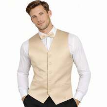 Sizes XS To 6XL Men's 3-Piece Tuxedo Vest Set – Satin Waistcoat With Bow Tie And Pocket Square For Wedding, Prom, Formal Events - 香檳色 - 查看 1