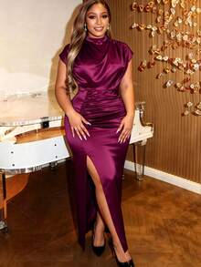 Elegant Plus Size Wine Satin Bodycon Maxi Dress For Women Cap Sleeve Mock Neck Ruched High Slit Gown Perfect For Birthday Party Formal Occasion Formal - Burgundy - View 5