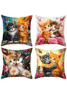 4个45*45厘米猫咪图案装饰抱枕套，可爱猫咪和花卉设计，柔软天鹅绒方形抱枕套，适用于派对装饰、办公室、生日礼物、家居装饰、房间装饰、椅子装饰、客厅装饰、夏季礼物，不含枕芯 - 彩色 - 查看 7