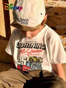 Disney Authorization - Youth Boys' Clothing Summer Round Neck Short Sleeves - Cars Main Character - Printed Pattern Design Round Neck T-Shirt, Pattern T-Shirt Pullover, Boys' Clothing, 180g Polyester Soft Fabric, Suitable For Boys' Back To School, Party, Outdoor, Travel Wear - 白色 - 查看 3
