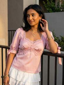 Womens Summer Satin Tops Lace Patchwork Short Puff Sleeves V-Neck Blouse with Adjustable Ribbon Ties - Rosa - Ver 4
