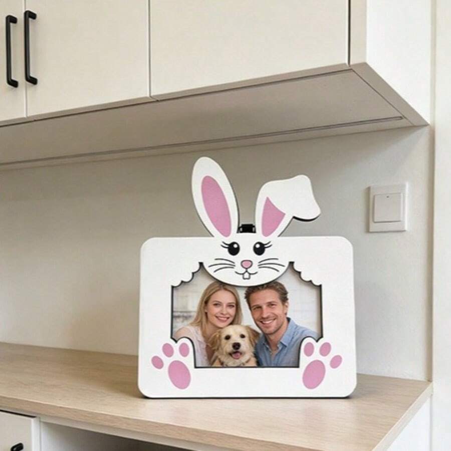 Cute Cartoon Long Ear Rabbit Photo Frame, INS Style Wood/Acrylic Pink Paw Print Rabbit Desktop Decor, Adorable Home Decoration - E - View 1
