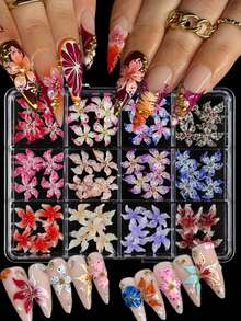 12Grids/1Box Crystal Leopard Print Flower Nail Charms Soft Gradient Polka Dot Blossom Hibiscus Hawaiian Floral Y2K Nail Decor Nail Art Rhinestones Manicure Accessories - Multicolor - View 2