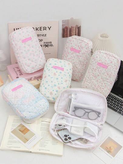 1 pieza Bolsa organizadora de accesorios digitales con estampado de flores y cremallera con lazo, bolsa de almacenamiento multifuncional con estampado de lazo, organizador de bolso con múltiples bolsillos, diseño de malla, clip organizador de cables, gran capacidad, bolsa de accesorios electrónicos portátil de doble cremallera y tamaño grande, unicolor minimalista, adecuado para uso diario y organización del hogar