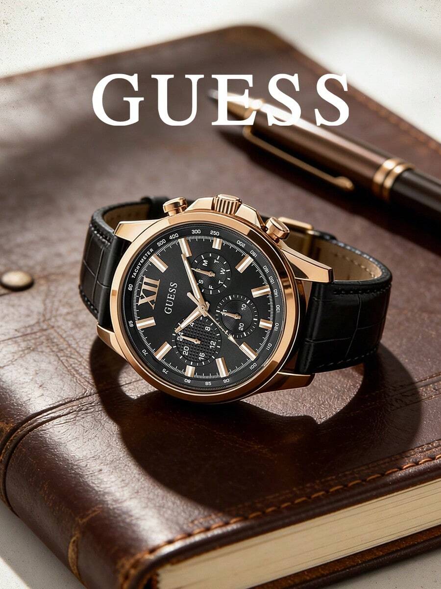 Guess 男士计时腕表 - 棕色皮表带 - 蓝色表盘 GW0901G5 - 黑色 - 查看 1
